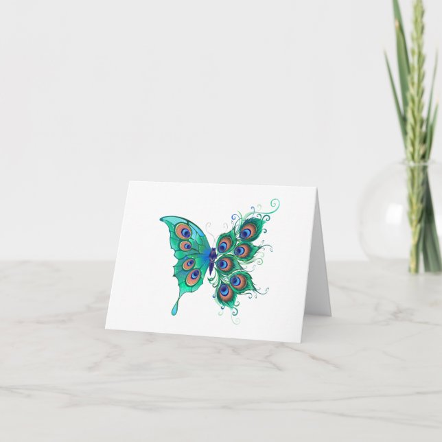 Butterfly with Green Peacock Feathers Holiday Card (Front)