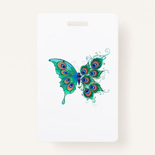 Butterfly with Green Peacock Feathers ID Badge