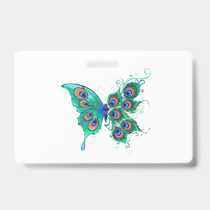 Butterfly with Green Peacock Feathers ID Badge