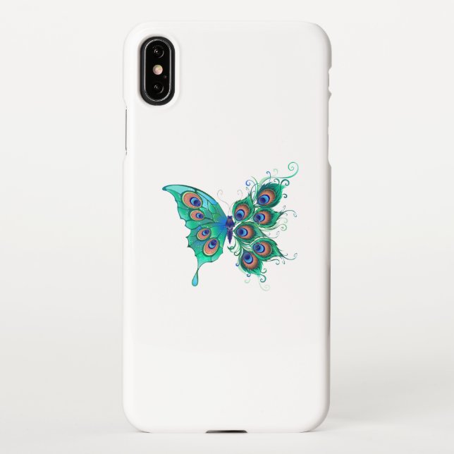 Butterfly with Green Peacock Feathers iPhone Case (Back)