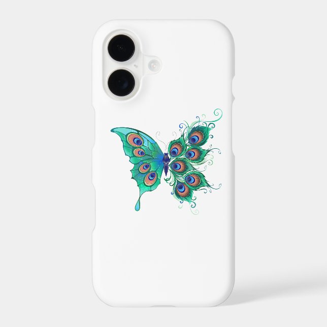 Butterfly with Green Peacock Feathers iPhone Case (Back)