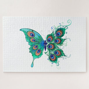 Butterfly with Green Peacock Feathers Jigsaw Puzzle