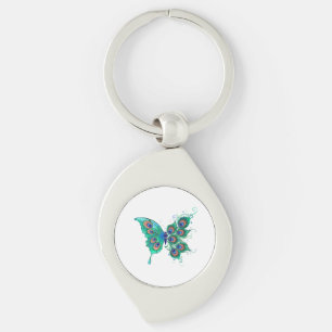 Butterfly with Green Peacock Feathers Key Ring
