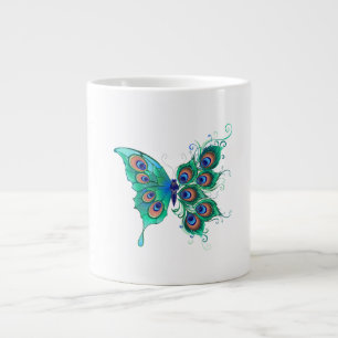 Butterfly with Green Peacock Feathers Large Coffee Mug