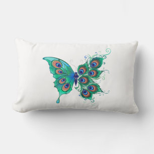 Butterfly with Green Peacock Feathers Lumbar Cushion