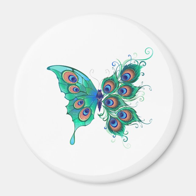 Butterfly with Green Peacock Feathers Magnet (Front)