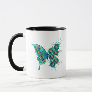 Butterfly with Green Peacock Feathers Mug