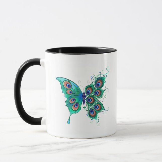 Butterfly with Green Peacock Feathers Mug (Left)