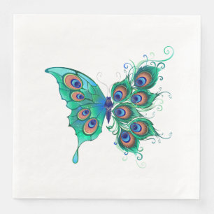 Butterfly with Green Peacock Feathers Napkin