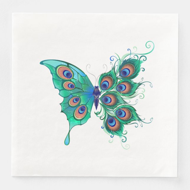 Butterfly with Green Peacock Feathers Napkin (Front)