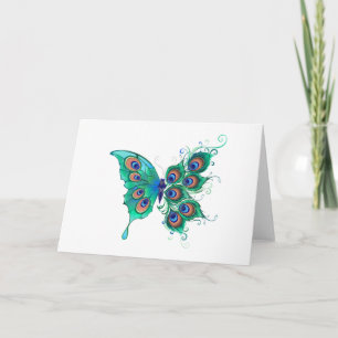 Butterfly with Green Peacock Feathers Note Card