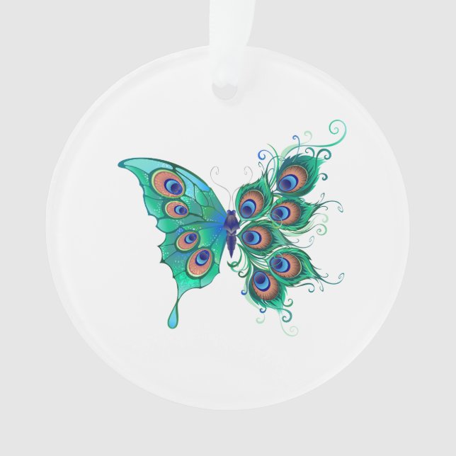 Butterfly with Green Peacock Feathers Ornament (Front)