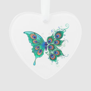 Butterfly with Green Peacock Feathers Ornament