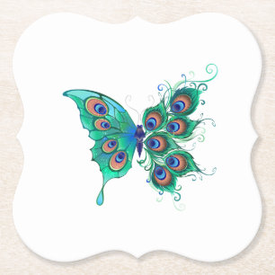 Butterfly with Green Peacock Feathers Paper Coaster