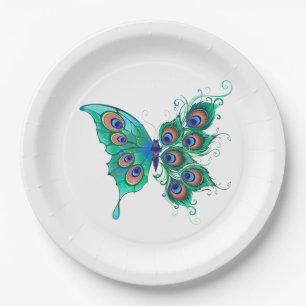 Butterfly with Green Peacock Feathers Paper Plate