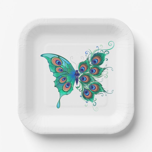 Butterfly with Green Peacock Feathers Paper Plate (Front)