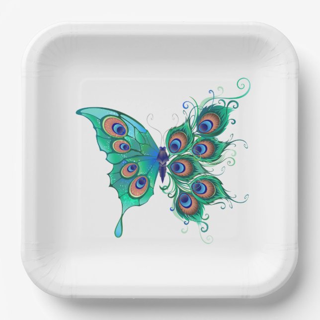 Butterfly with Green Peacock Feathers Paper Plate (Front)