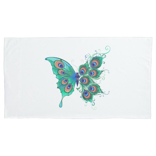 Butterfly with Green Peacock Feathers Pillowcase (Front)