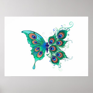 Butterfly with Green Peacock Feathers Poster