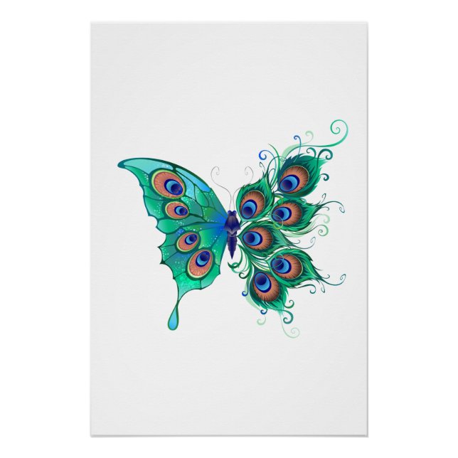 Butterfly with Green Peacock Feathers Poster (Front)