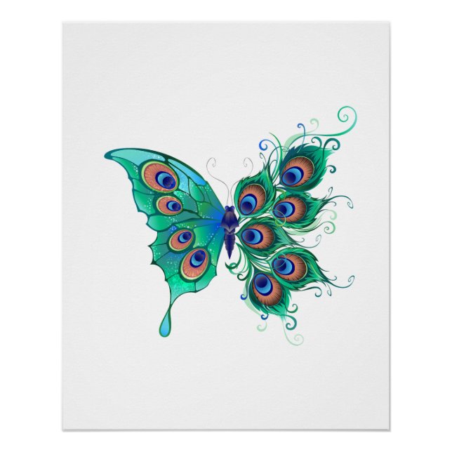 Butterfly with Green Peacock Feathers Poster (Front)