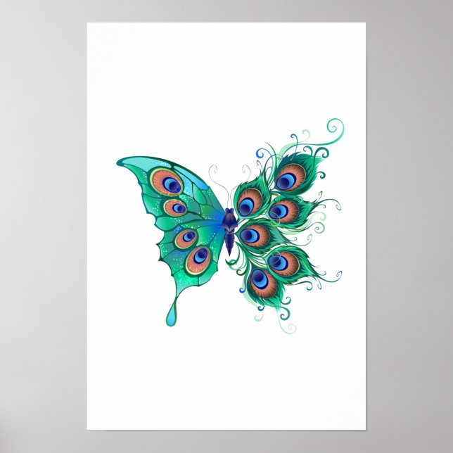 Butterfly with Green Peacock Feathers Poster (Front)