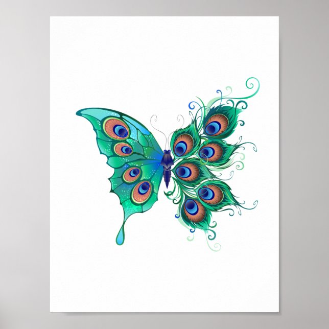 Butterfly with Green Peacock Feathers Poster (Front)