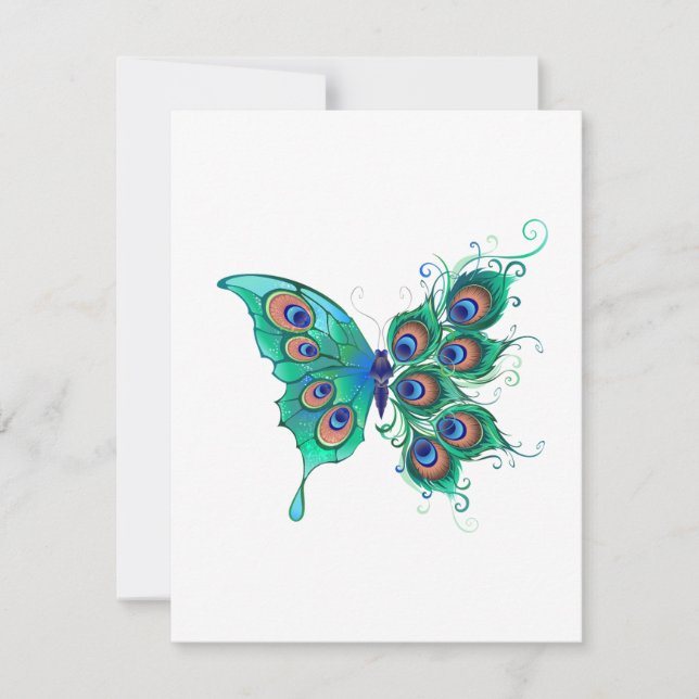 Butterfly with Green Peacock Feathers Save The Date (Front)