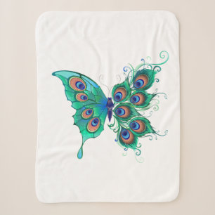 Butterfly with Green Peacock Feathers Sherpa Blanket