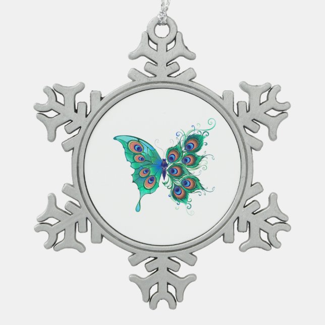 Butterfly with Green Peacock Feathers Snowflake Pewter Christmas Ornament (Front)
