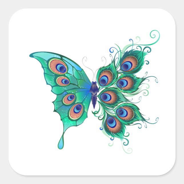 Butterfly with Green Peacock Feathers Square Sticker (Front)
