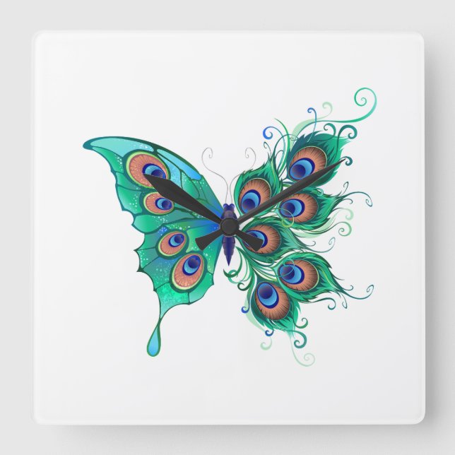 Butterfly with Green Peacock Feathers Square Wall Clock (Front)
