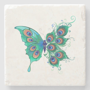 Butterfly with Green Peacock Feathers Stone Coaster