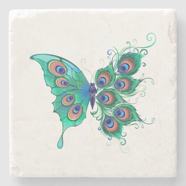 Butterfly with Green Peacock Feathers Stone Coaster (Front)