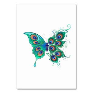 Butterfly with Green Peacock Feathers Table Number