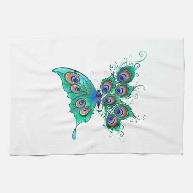 Butterfly with Green Peacock Feathers Tea Towel (Horizontal)