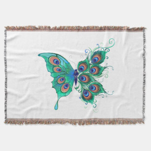Butterfly with Green Peacock Feathers Throw Blanket