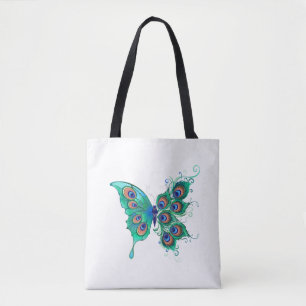 Butterfly with Green Peacock Feathers Tote Bag