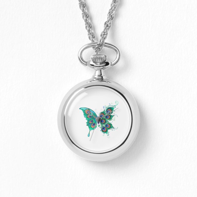 Butterfly with Green Peacock Feathers Watch (Front)