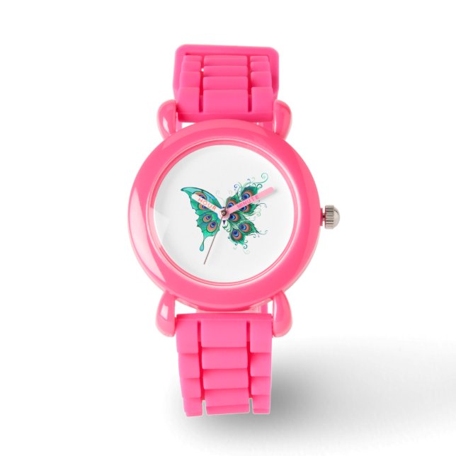 Butterfly with Green Peacock Feathers Watch (Front)