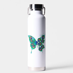 Butterfly with Green Peacock Feathers Water Bottle