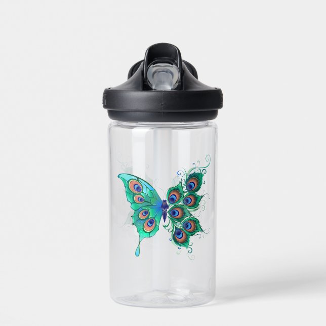 Butterfly with Green Peacock Feathers Water Bottle (Front)