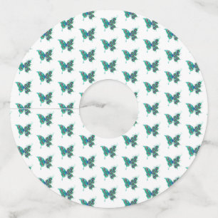 Butterfly with Green Peacock Feathers Wine Glass Tag