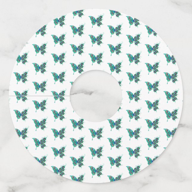 Butterfly with Green Peacock Feathers Wine Glass Tag (Front)