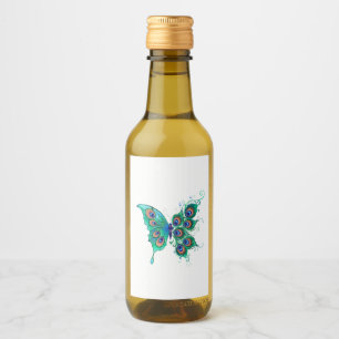 Butterfly with Green Peacock Feathers Wine Label