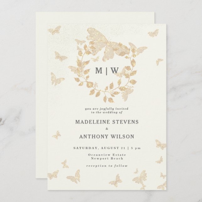Butterfly Wreath Ivory Gold Monograms Wedding Invitation (Front/Back)