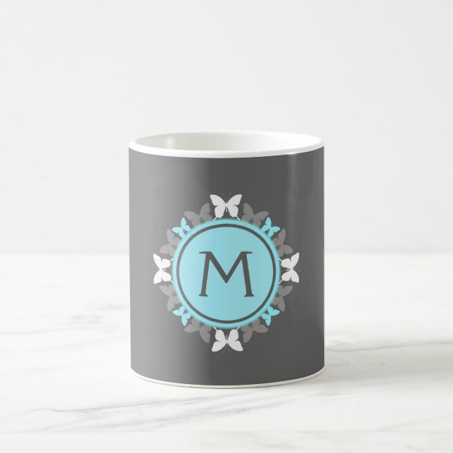 Butterfly Wreath Monogram White Ice Blue Grey Coffee Mug (Center)