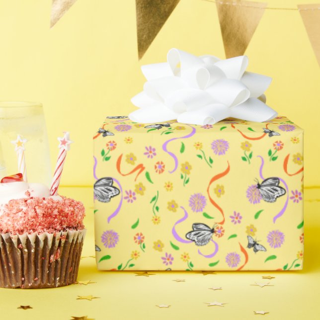  Butterfly Yellow Floral Wrapping Paper (Birthday Party)