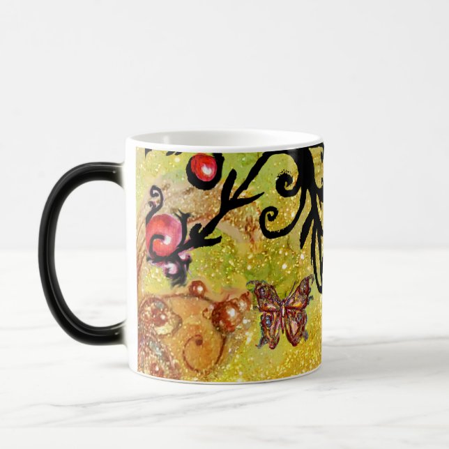 BUTTERFLY YELLOW SPARKLES, BLACK FLORAL MONOGRAM, MAGIC MUG (Left)