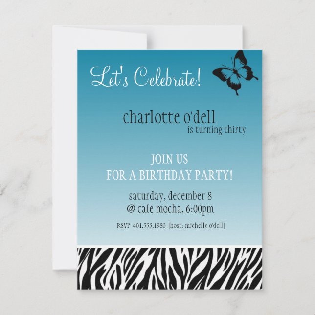butterfly; zebra print birthday invitation (Front)